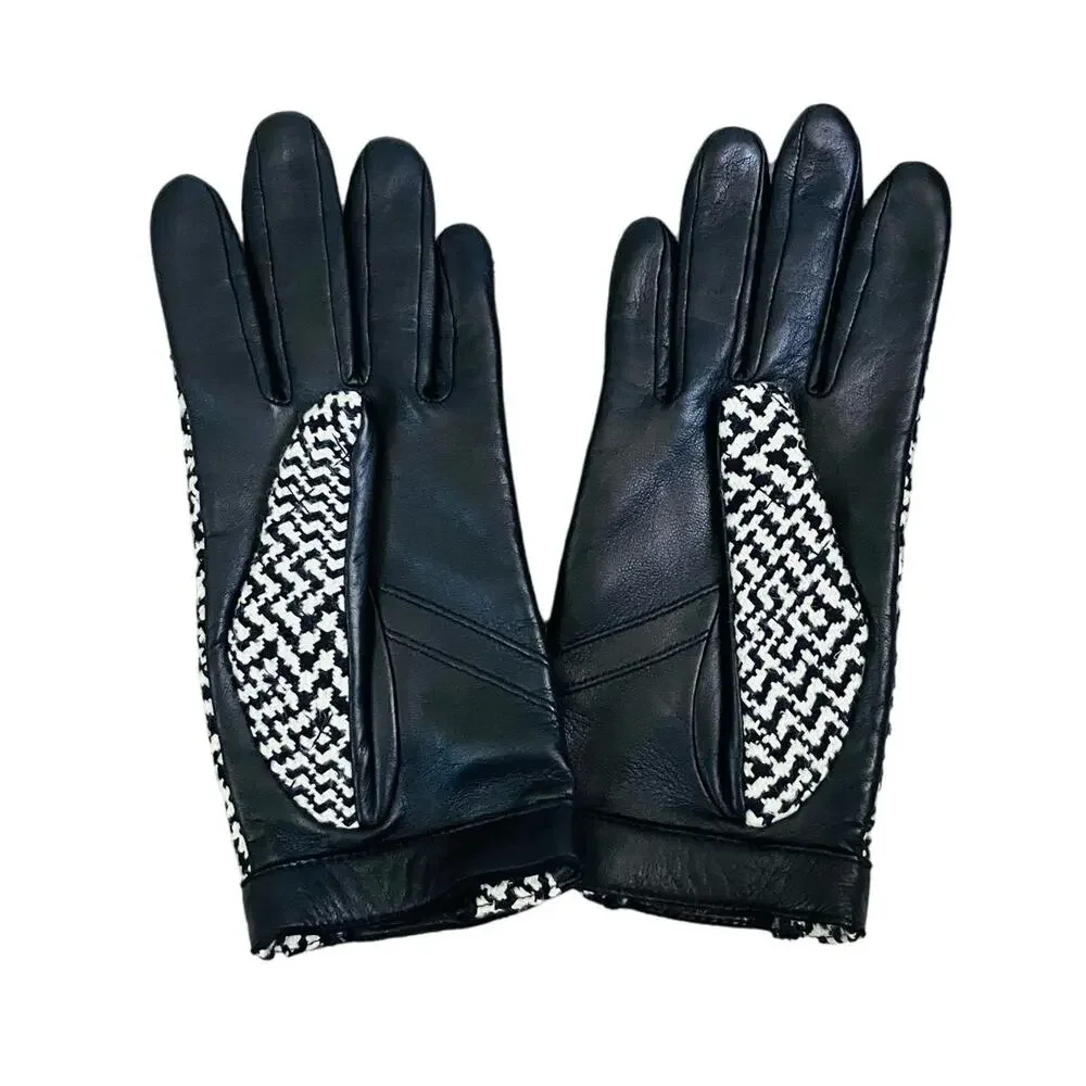 New Rag & Bone Houndstooth Black White Lambskin Beacon Gloves Size 6.5